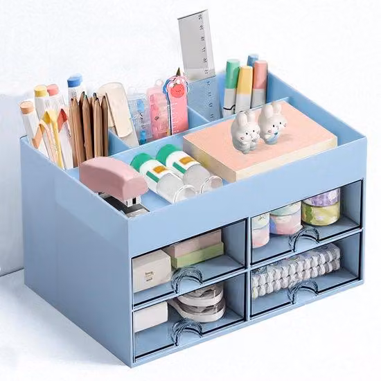 Organizer da ufficio con 4 cassetti, organizer multifunzionale per ufficio, casa e scuola, salvaspazio (blu)