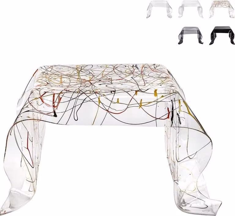Tavolino da salotto in plexiglas, basso e quadrato, modello Drappeggi - Trasparente multicolore