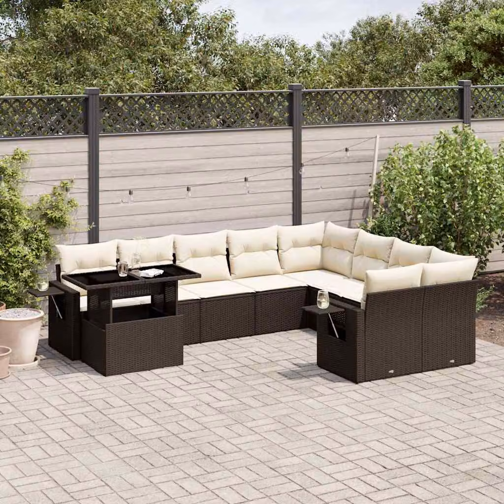 Set di Divani da Giardino vidaXL 10 Pezzi con Cuscini in Polyrattan Marrone e Bianco – 1