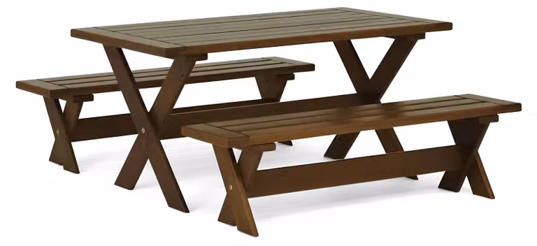 Tavolo da giardino in stile moderno in legno marrone per picnic in famiglia sulla terrazza