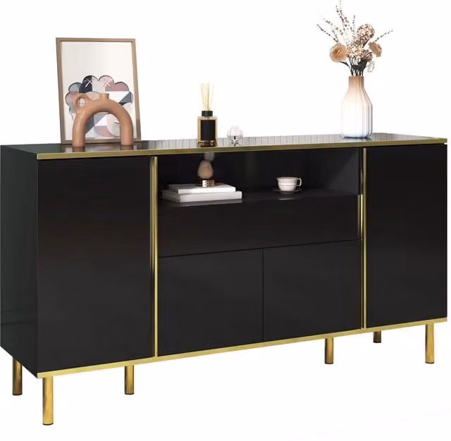 Credenza Nera Lucida 150 cm con Luci LED; 4 Ante e 1 Cassetto; Dettagli Oro