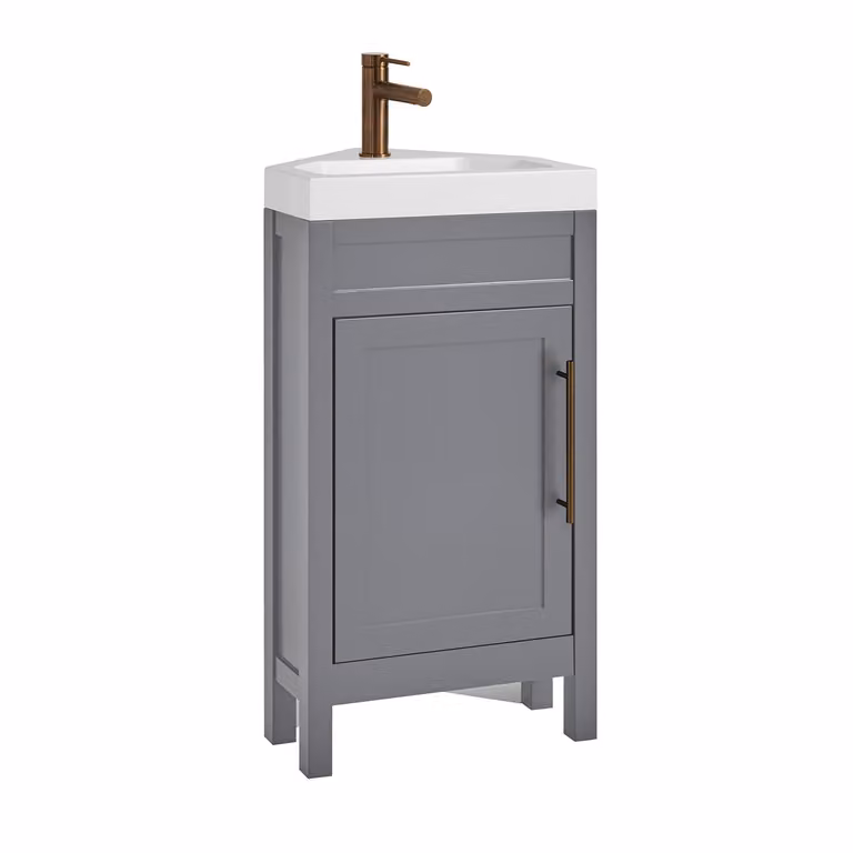Mobile Bagno Angolare Grigio Chiaro da 450mm con Lavabo e Maniglia Moderna con Barra a T in Rame Satinato - Warwick