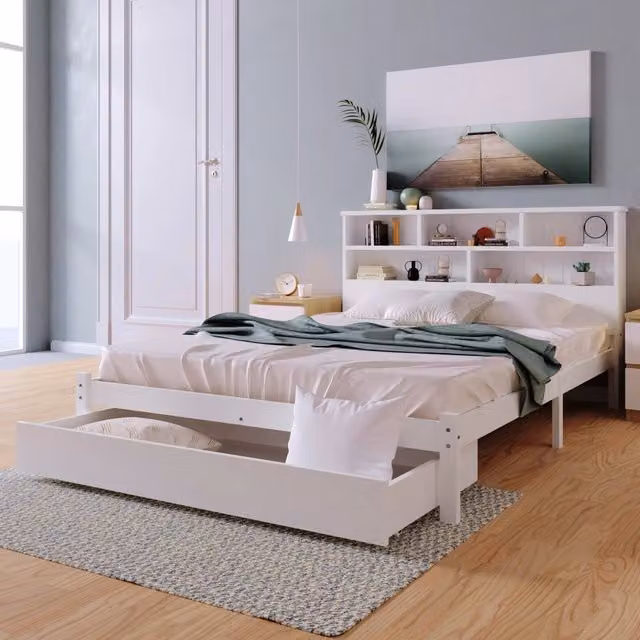 Letto matrimoniale OKWISH in legno di pino e MDF bianco con cassetti, stile moderno, L/P: 140 x 200 cm