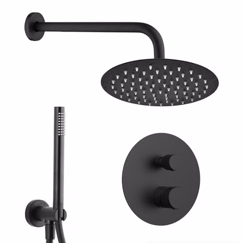 Set doccia incasso nero opaco zigrinato con braccio e soffione 30 cm, kit doccia con doccino in ottone, presa acqua e supporto, GEMINI