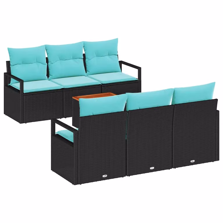 Set Divano da Giardino vidaXL 7 Pezzi Moderno a Forma di L con Tavolino e Cuscini Neri in Polyrattan e Acciaio Verniciato a Polvere