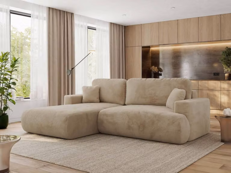MKS MEBLE divano angolare OVO con funzione letto e box letto, peluche beige, divano a L, divano angolare a 4 posti, 271x195x95 cm - lato sinistro
