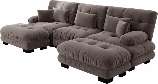 Divano Modulare Angolare a U in Chenille Vintage Marrone con Ottomani Abbinati