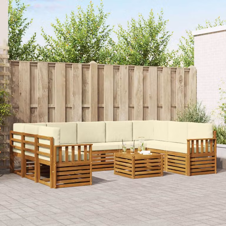 vidaXL Set di divani da esterno 10 pezzi in legno di acacia con cuscini, forma a L e tavolino da caffè, Beige, Bianco e Marrone