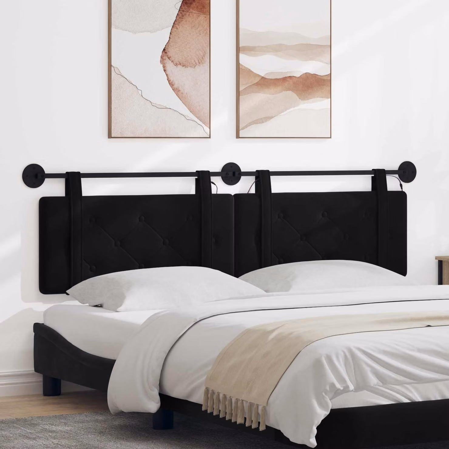 Testiera per letto sospesa vidaXL in velluto nero con luce LED integrata L: 170 cm, H: 55 cm, P: 5 cm
