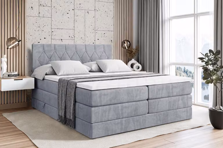 Letto boxspring ALTDECOR con 2 materassi e topper - 180x200 cm - VELANTO -BZ KING - Velluto grigio - Letto imbottito con materassi H3 e H4, contenitore e rete a doghe, letto con spazio contenitivo