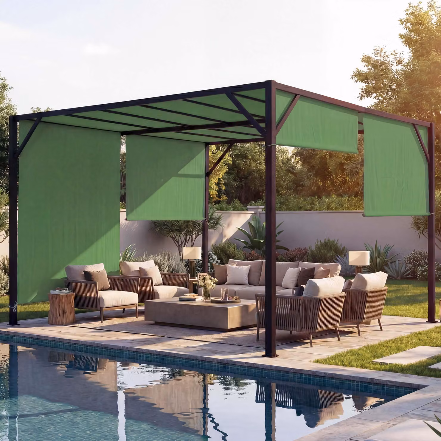 Pergola Baia, copertura per patio a padiglione da giardino, robusta struttura in acciaio da 6 cm + tetto scorrevole verde ~ 3x4m