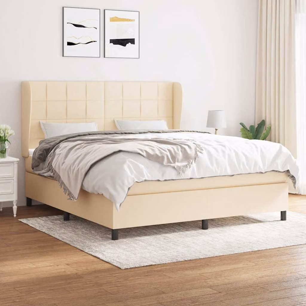 vidaXL Giroletto a Molle con Materasso Ibrido in Tessuto Beige e Bianco L/P/H: 160 x 200 x 128 cm