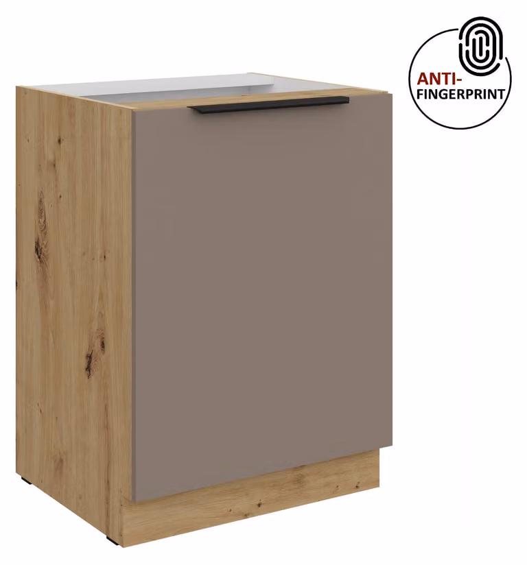 Mobile base da cucina da 60 cm, cucina ARIA grigio sabbia ultra opaco + rovere Artisan opaco, frontali di alta qualità con rivestimento anti-impronta, blocco cucina