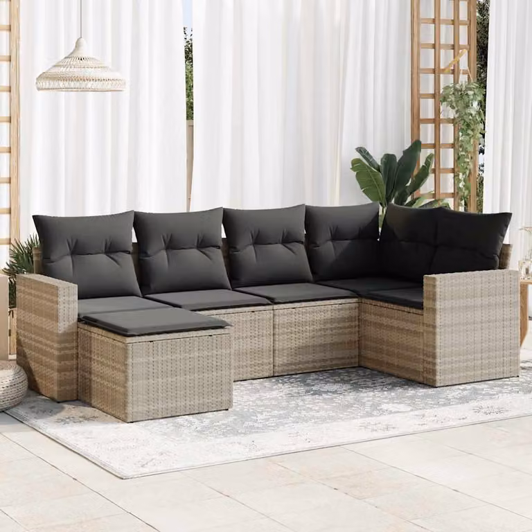 Set Divano da Giardino a L vidaXL in Polyrattan Grigio con 6 Cuscini e Ottoman