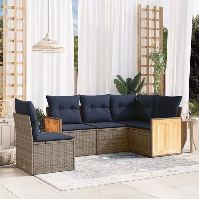 Set di divani da giardino a forma di L vidaXL in rattan con cuscini grigi e blu e struttura in acciaio verniciato a polvere