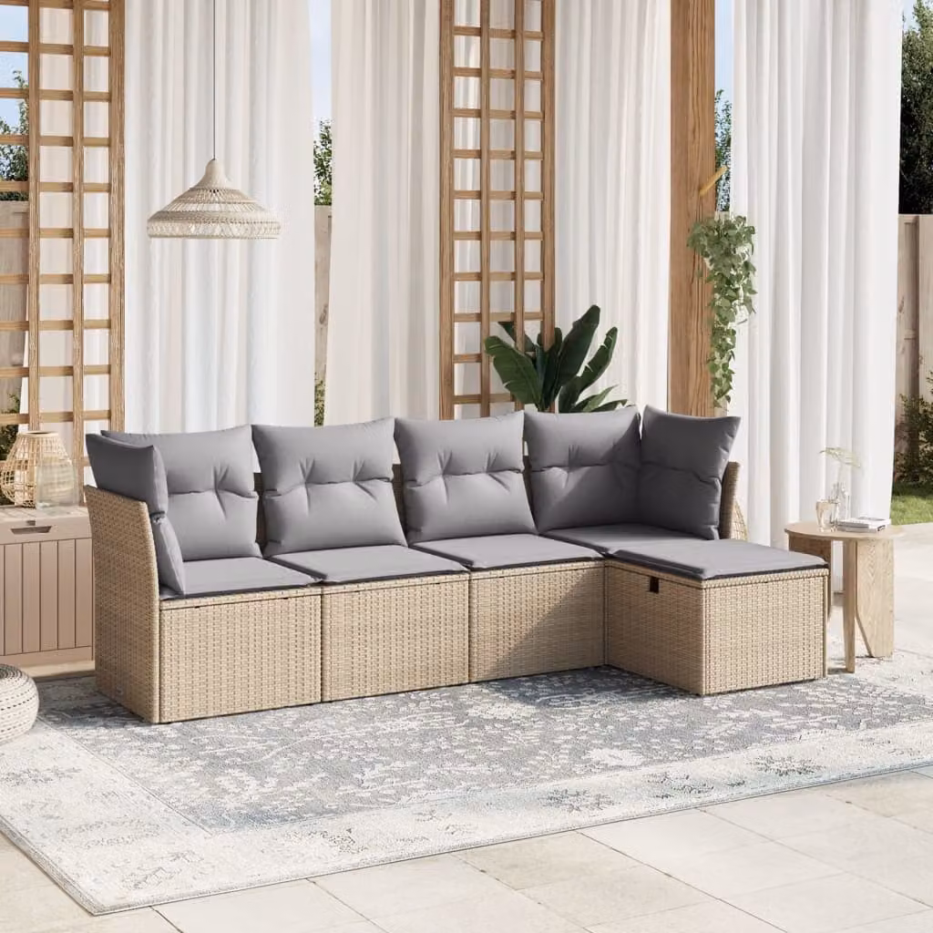 Set Divano da Giardino a L vidaXL 5 pz con Cuscini Beige e Grigio in Polyrattan e Acciaio – 1