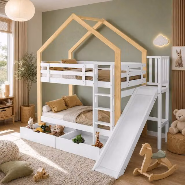 Letto a castello due livelli 90 × 200 cm con scivolo scala a tre gradini e 2 cassetti in legno