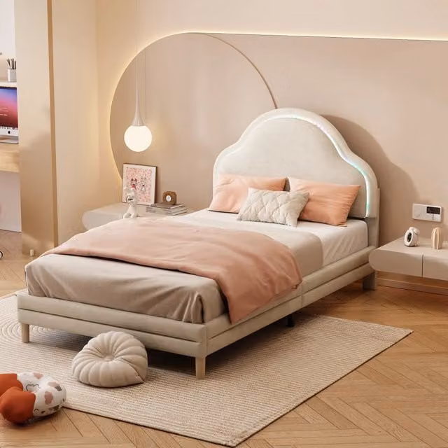 Letto singolo imbottito Zephmum in velluto beige con testiera a nuvole e strisce LED multicolore L/P/H: 207 x 90 x 108 cm