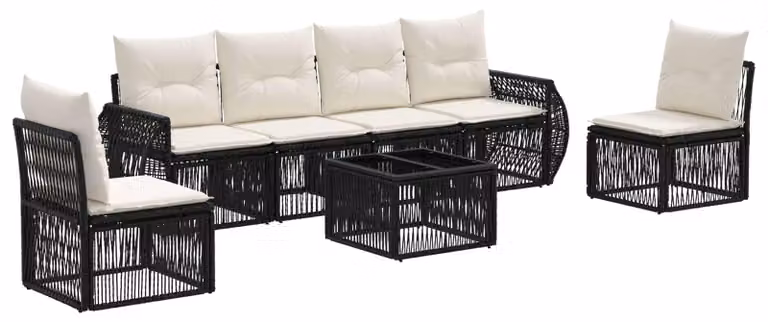 Set Divano da Giardino 7 pcs Nero e Bianco Crema polyrattan