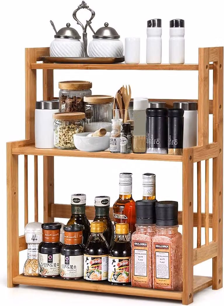 Scaffale portaspezie in bambù a 3 ripiani, scaffale da cucina naturale, portaspezie, versatile organizer per spezie, organizer da cucina, scaffale portaspezie per la cucina