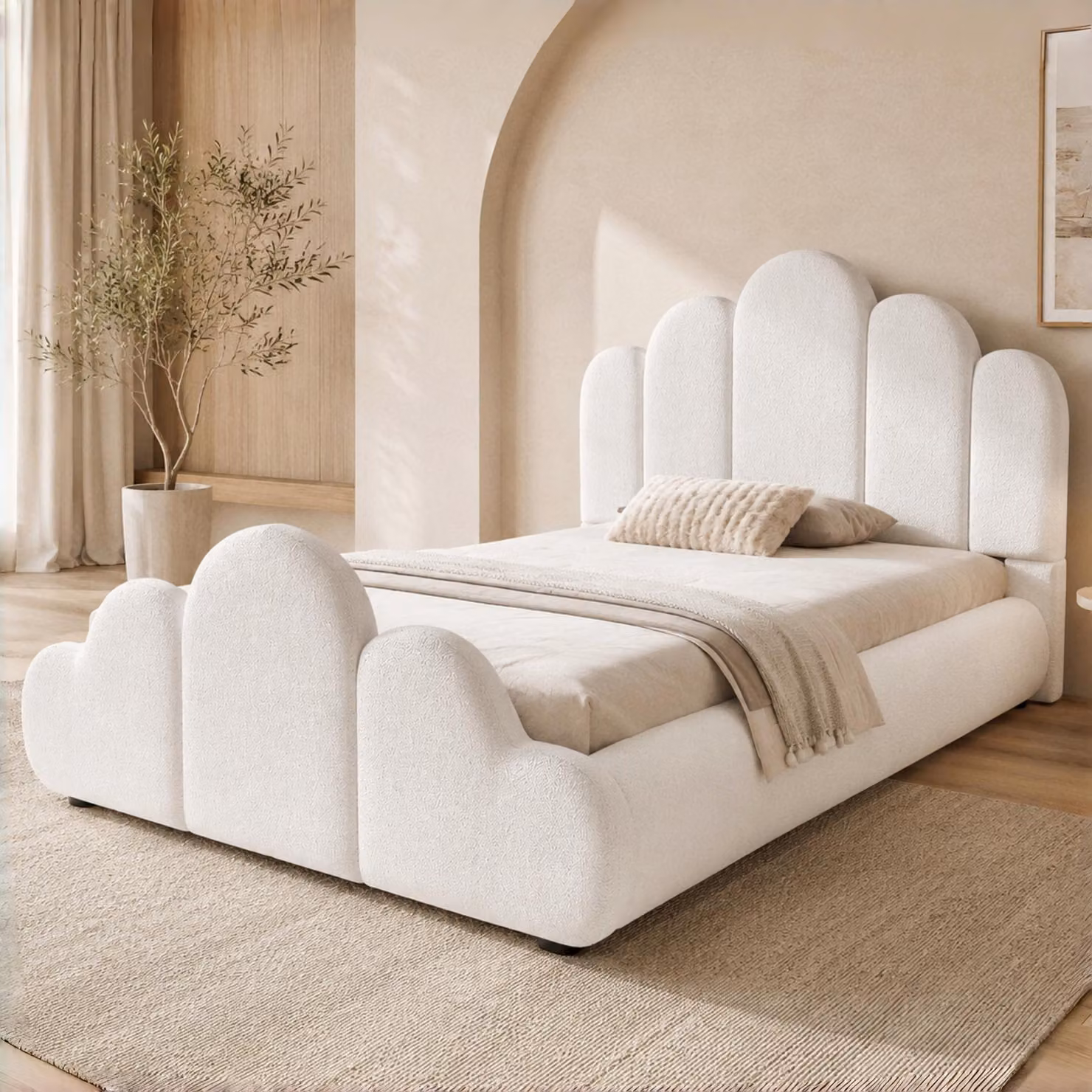 Letto imbottito Flieks, 90x200 cm, con testiera imbottita, letto per ragazzi/bambini con rete a doghe, letto singolo in legno con rivestimento in tessuto bouclé, color beige