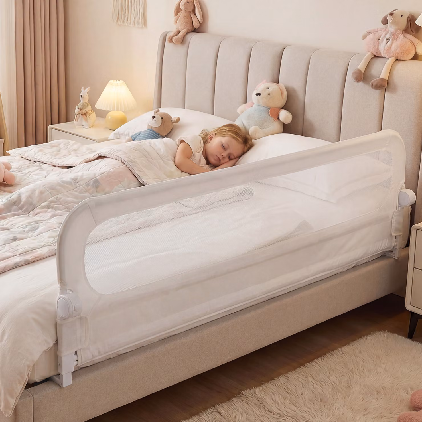 Sbarra letto pieghevole per bambini Costway con copertura in tessuto oxford e protezione rimovibile, Bianco, L: 198 cm