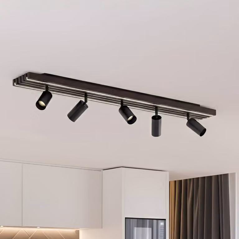 Faretto da soffitto LED Lucande Tiron, a 5 luci, 100 cm, rovere Tiron Lucande, dimmerabile, Legno scuro, Soggiorno / Sala da pranzo, Legno, Moderno