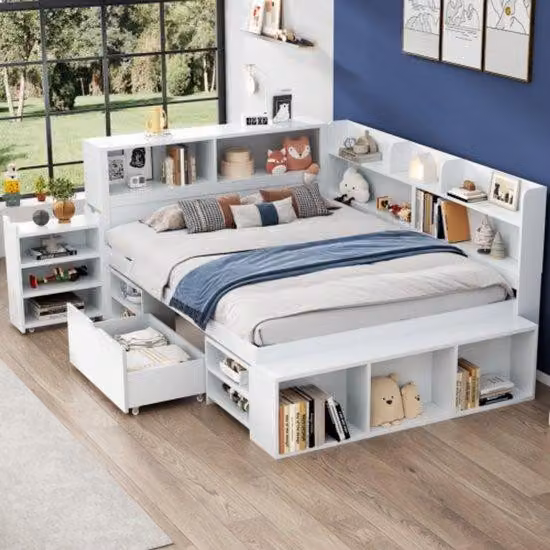 Letto singolo a cassettone, 140×200 cm, bianco, multifunzionale, con cassetti, libreria e armadio, ampia capacità di contenimento, rete a doghe, materasso escluso