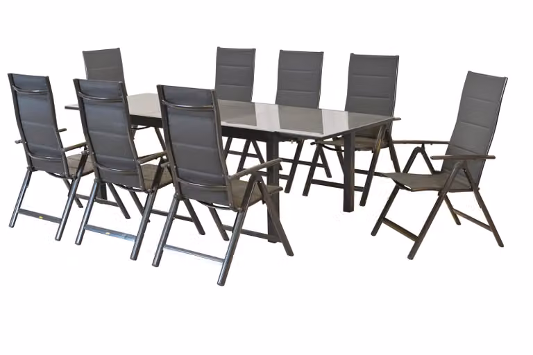 Set di mobili da giardino Merxx Taviano 9 pezzi, 8 poltrone pieghevoli, tavolo allungabile Semi 200 (300) x 100 cm - alluminio/tessuto