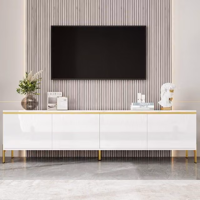Mobile porta TV REDOM bianco lucido con 4 ante e gambe in metallo L/P/H: 170 x 38 x 50 cm