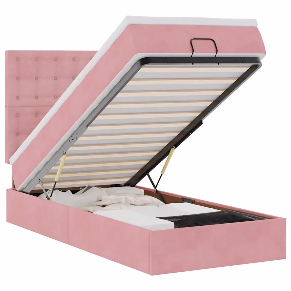 Letto con Contenitore a Sollevamento vidaXL in Velluto Rosa e Bianco con Porte USB e Illuminazione Sotto il Letto L: 200 cm, P: 100 cm, H: 128 cm – 2