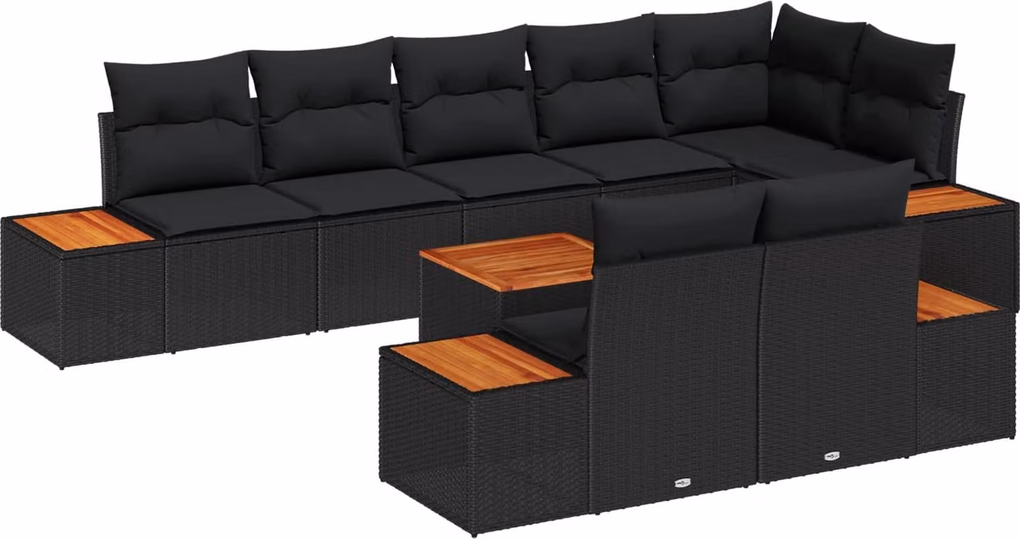 Set Divano da Giardino con cuscino 9 pcs Nero Poly Rattan
