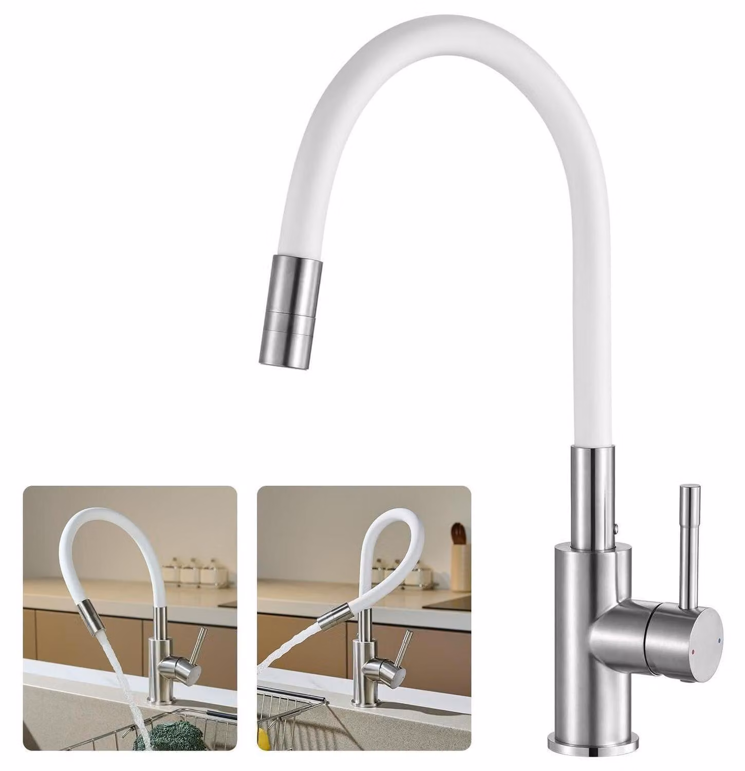 Miscelatore da cucina bianco con 2 tipi di getto, flessibile, in acciaio inossidabile 304,  DVGW