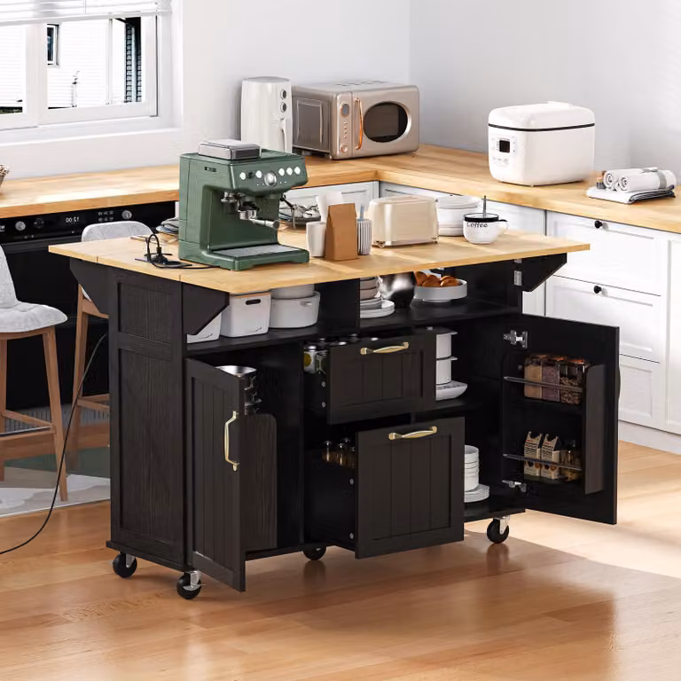 okwish Tavolo da pranzo allungabile Carrello da cucina a isola con cassetti e porta asciugamani, carrello di servizio mobile con prese di corrente, nero