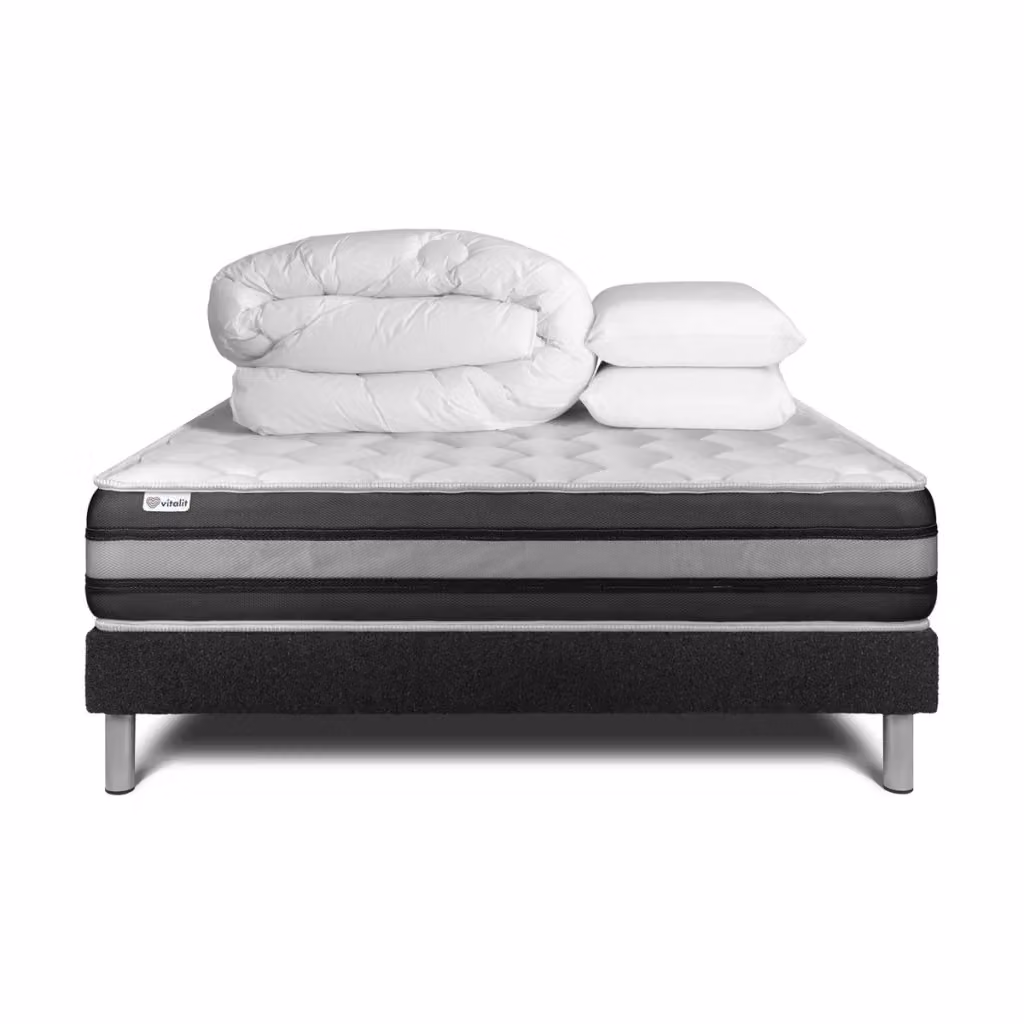 Pacchetto letto completo Vitalspring Zen con materasso ibrido memory foam, box spring con doghe, 2 cuscini e piumino, colore grigio, L/P: 200 x 200 cm – 2