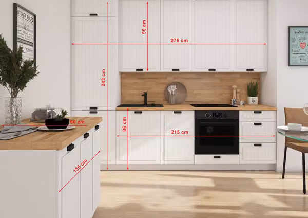 Mobile da cucina LIVORNO con piani di lavoro 275x243cm REJS ad estrazione totale bianco frontali bianco traffico opaco