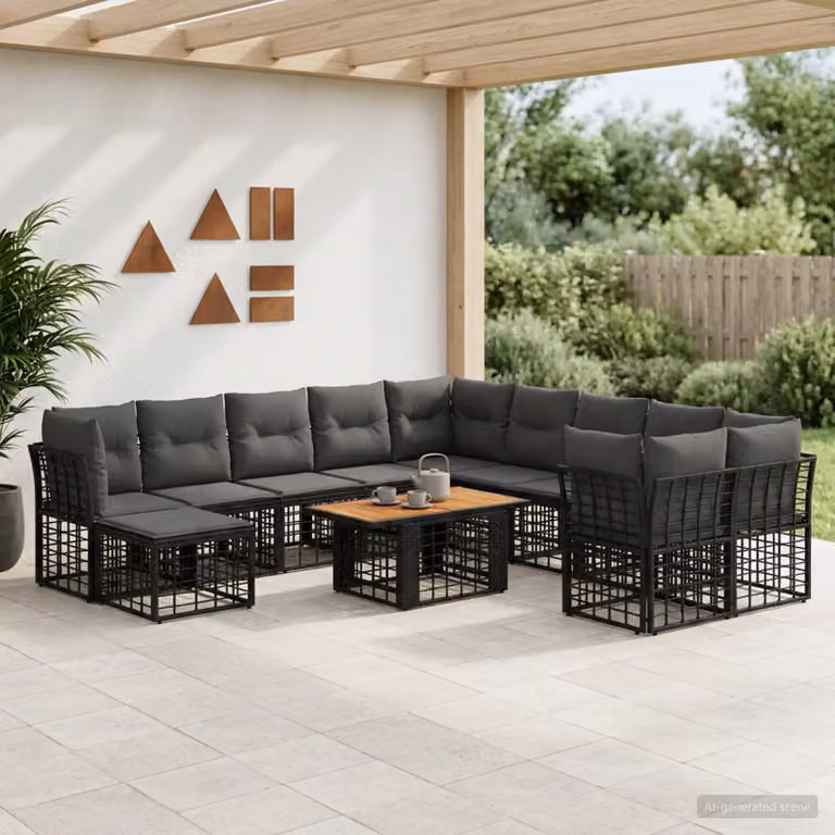 Set Divano da Giardino vidaXL 12 pz in Polyrattan Nero e Grigio con Cuscini e Tavolino