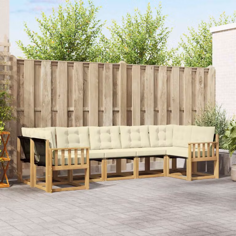 Set di divani da esterno vidaXL 7 pz a forma di L in legno di acacia con cuscini bianchi e beige