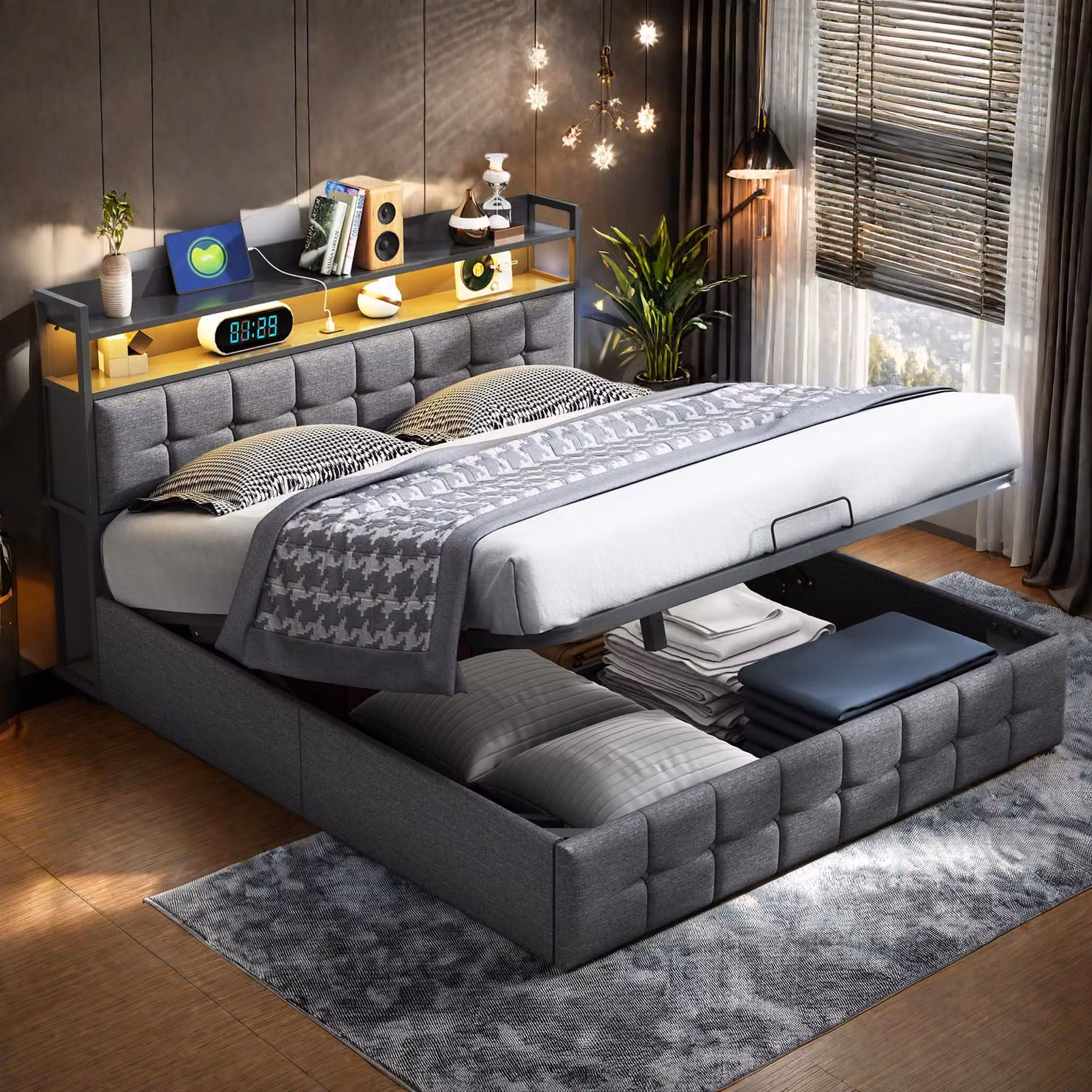 Letto matrimoniale UnboxG 160 x 200 cm con illuminazione LED, connessione USB e Type-C - letto imbottito con contenitore, rivestimento in tessuto, grigio, testata con luce
