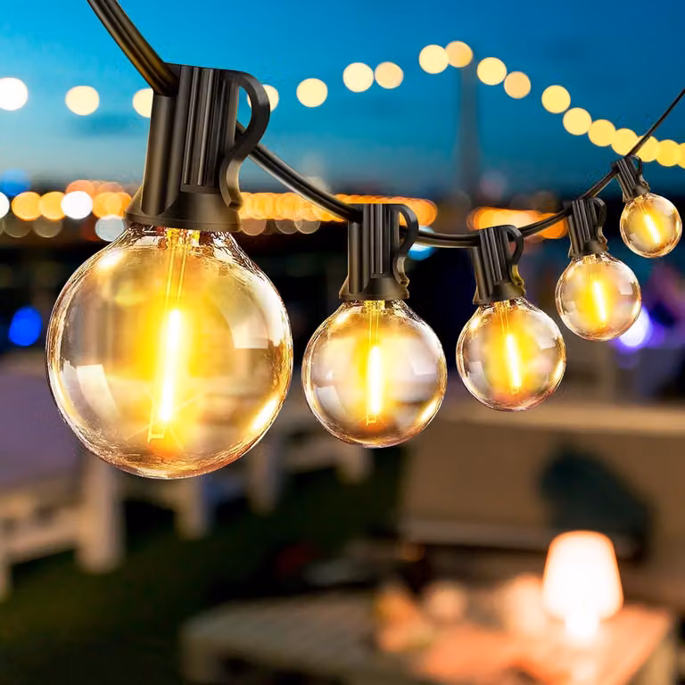 Catena luminosa da 20 metri con 32 LED G40, luce bianco caldo, grado di protezione IP44, adatta per uso esterno