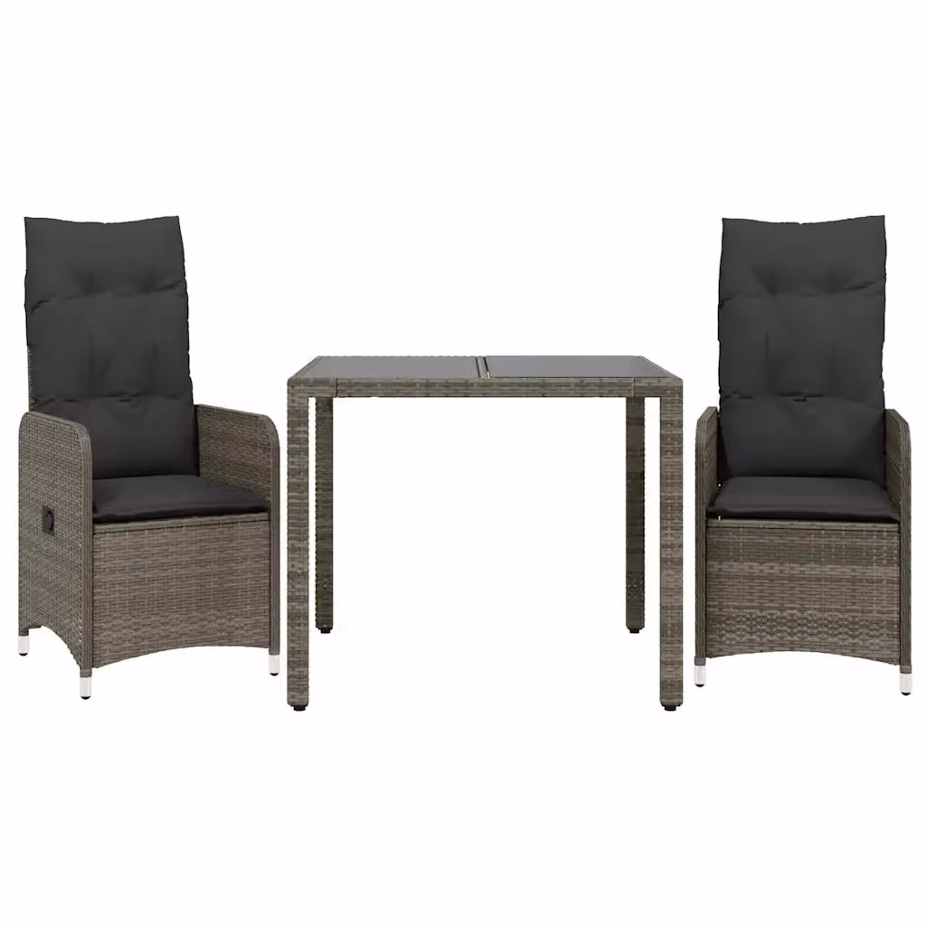 Set Bistrò da Giardino e Balcone vidaXL in Polyrattan Grigio con Cuscini e Tavolo in Vetro, 3 Pezzi – 2