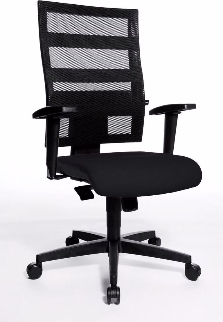 Sedia girevole da ufficio con braccioli, schienale in rete, base in plastica, certificata GS, nera