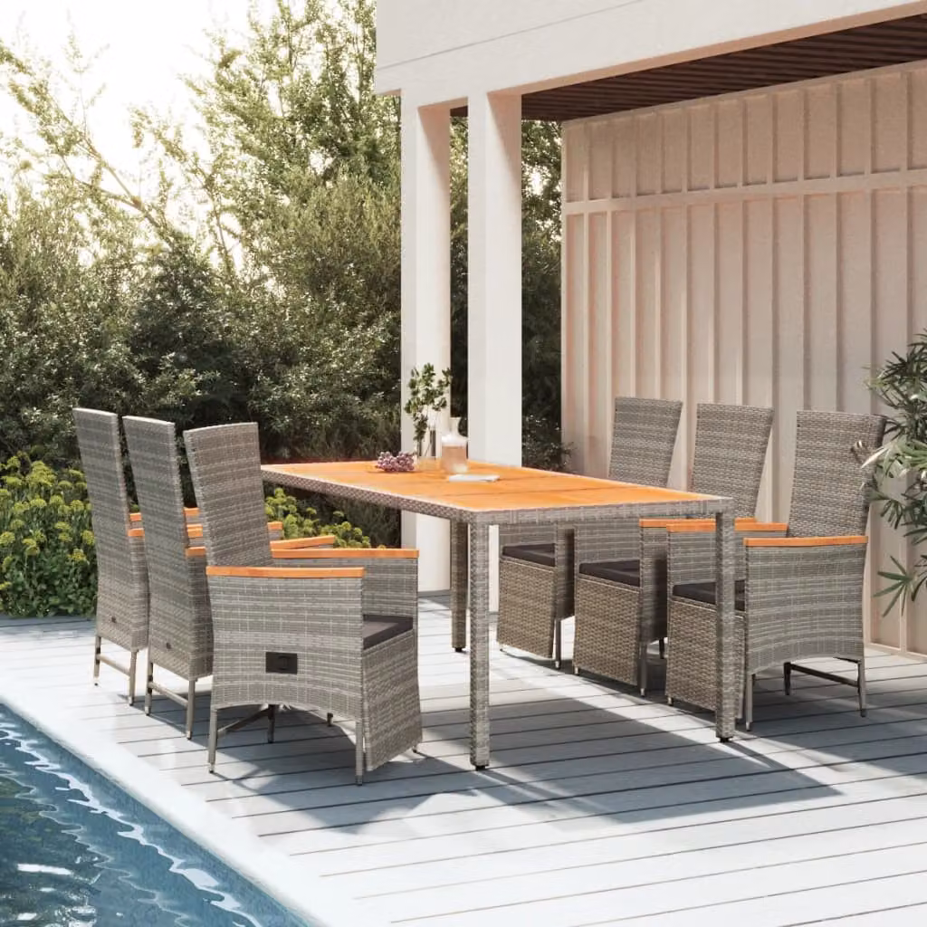 Set da pranzo da giardino vidaXL in polyrattan e legno di acacia grigio, 7 pezzi
