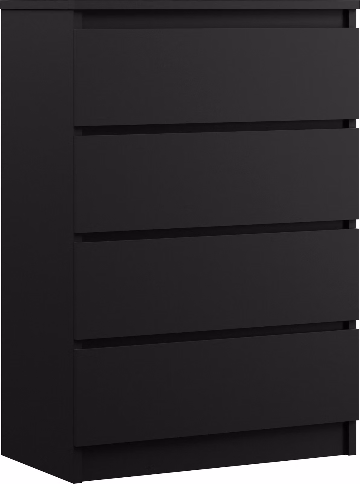Comodino con 4 cassetti, finitura nera opaca, dimensioni 70 x 101 x 39 cm (larghezza/altezza/profondità)