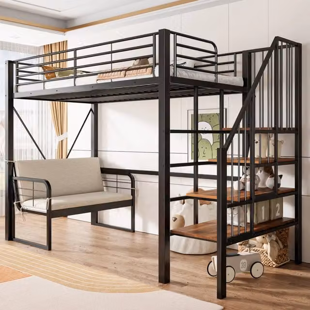 Letto a castello 90 x 200 cm con telaio in metallo stabile, divano imbottito rimovibile, contenitore e scala di sicurezza, Nero