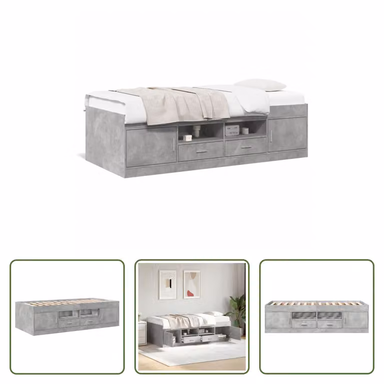 The Living Store Letto da giorno con cassetti grigio cemento 90x200 cm materiale legno