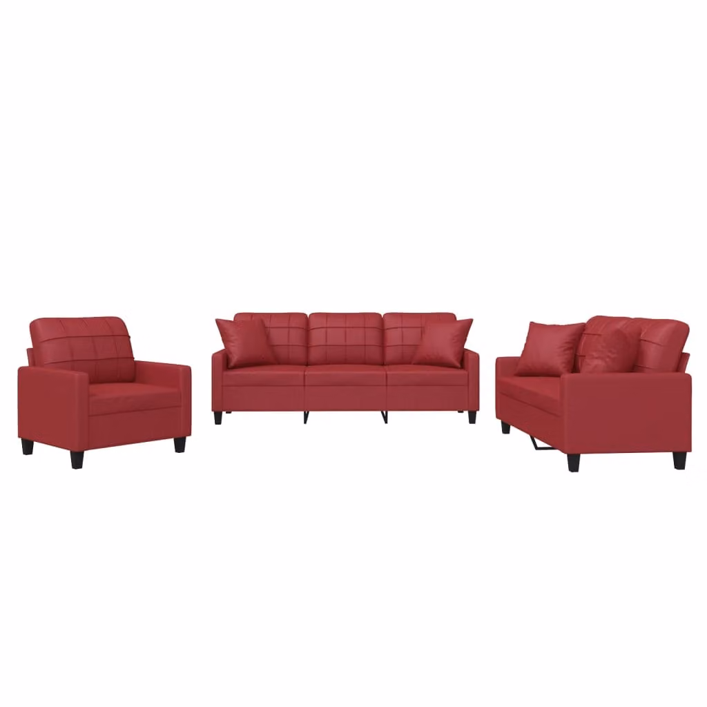 Set di Divani 3 pz con Cuscini Rosso Vino in Pelle finta
