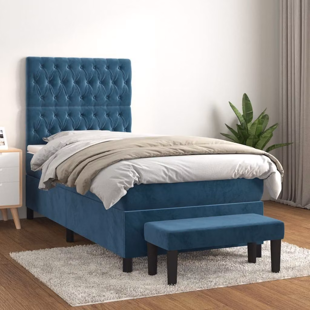 The Living Store Letto a molle con materasso blu scuro 80x200 cm in velluto