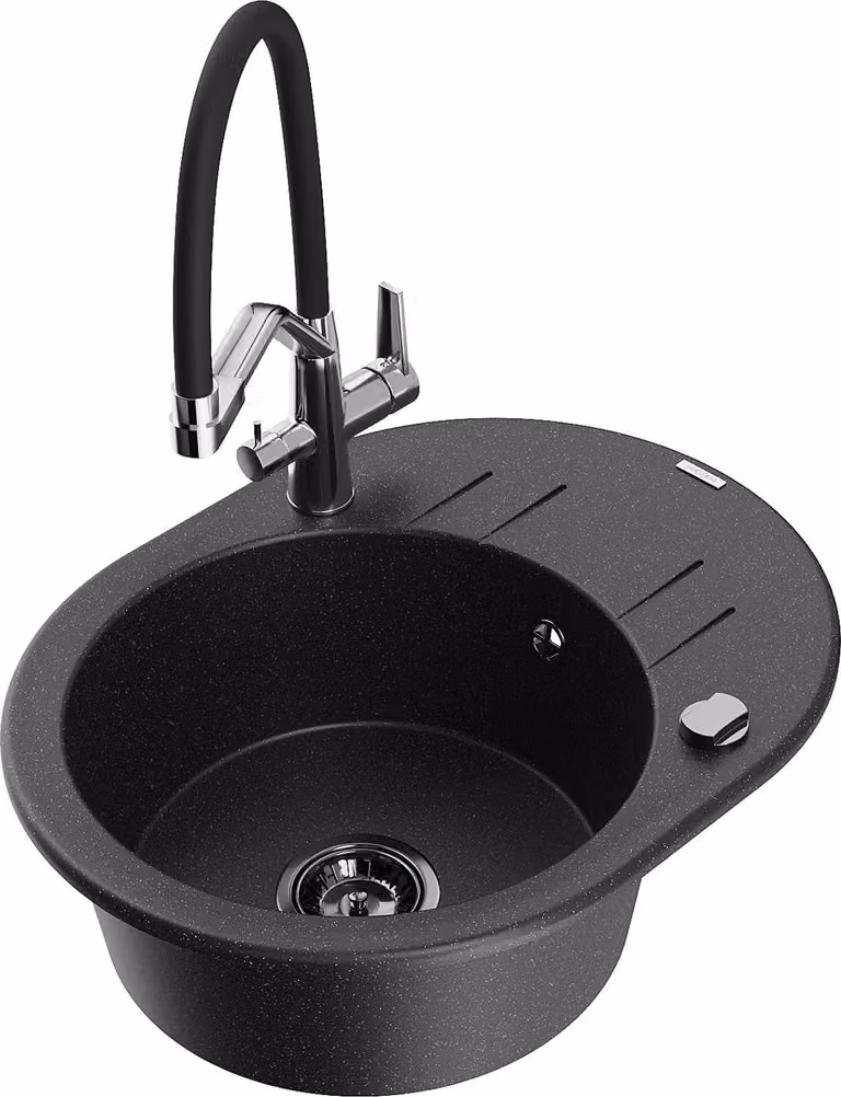 Mexen Kevin lavello in granito 1-vasca con rubinetto cucina Duo, nero/argento metallico - 6517-73-671701-07-B