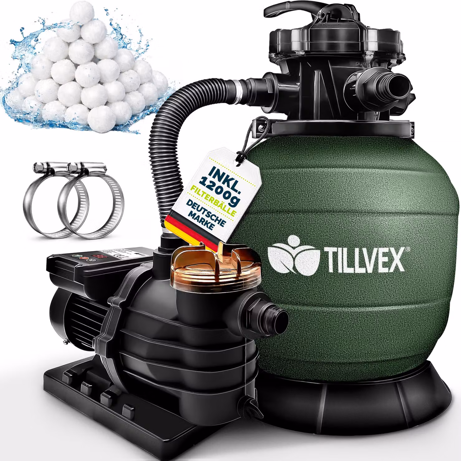 Impianto di filtrazione a sabbia tillvex® per piscina con timer, verde, da 13.200 l/h a 40.000 l + 1200 g di sfere filtranti | Impianto di filtrazione con valvola a 7 vie e adattatore 2 in 1 Ø 32-38 mm | Filtro per piscina autoaspirante | Filtro a sabbia